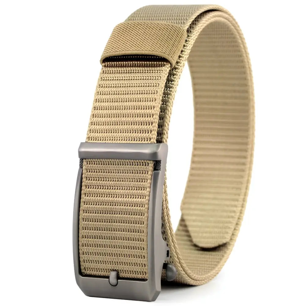 Khaki nylon fabric belt with metal buckle for durable and stylish wear