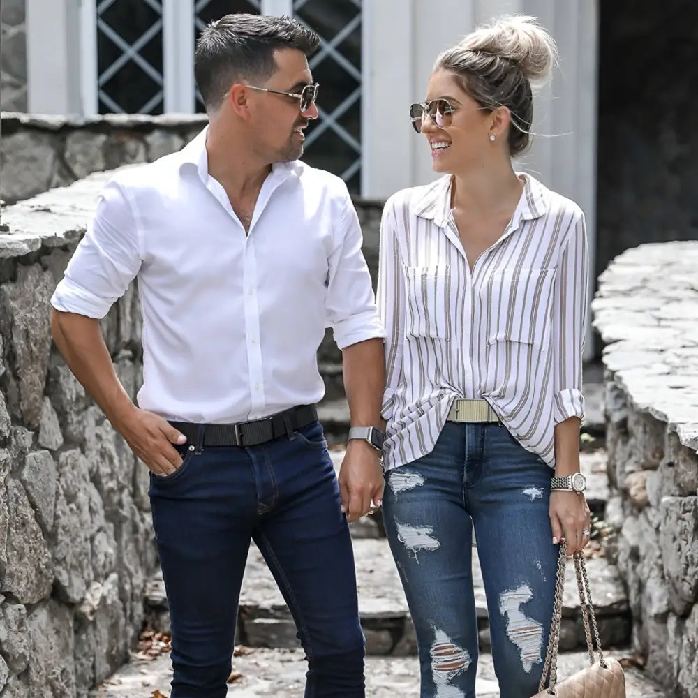 Fashionably dressed couple showcasing Khaki Nylon Fabric Belt with Metal Buckle