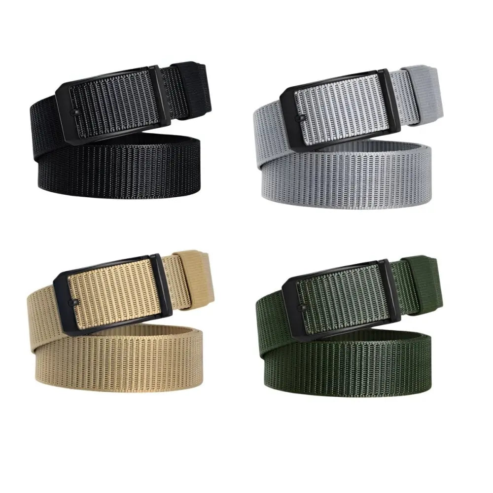 Four khaki nylon fabric belts with metal buckles displayed in a product image