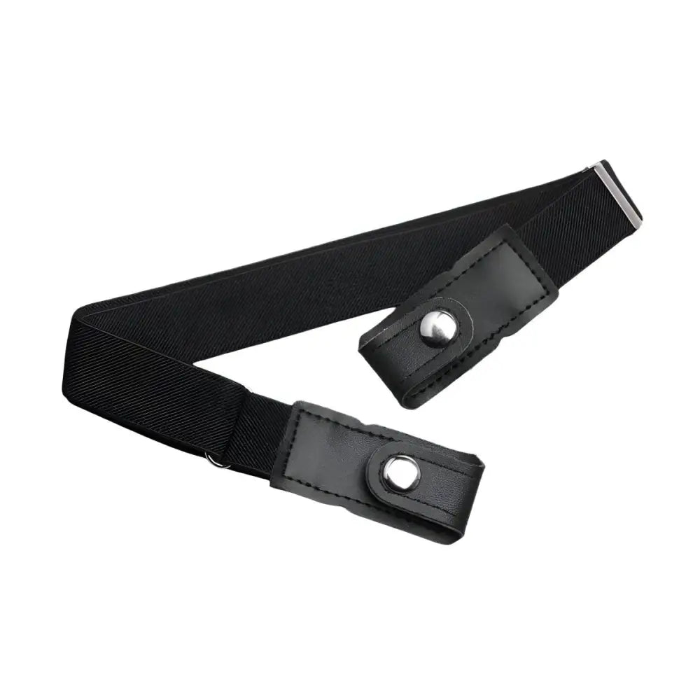 Black elastic belt with snap closures displayed with Khaki Pants and Green Shirt ensemble
