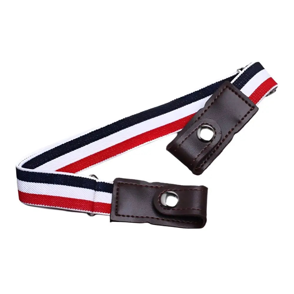 Striped elastic belt with leather tabs paired with Khaki Pants and a Green Shirt ensemble