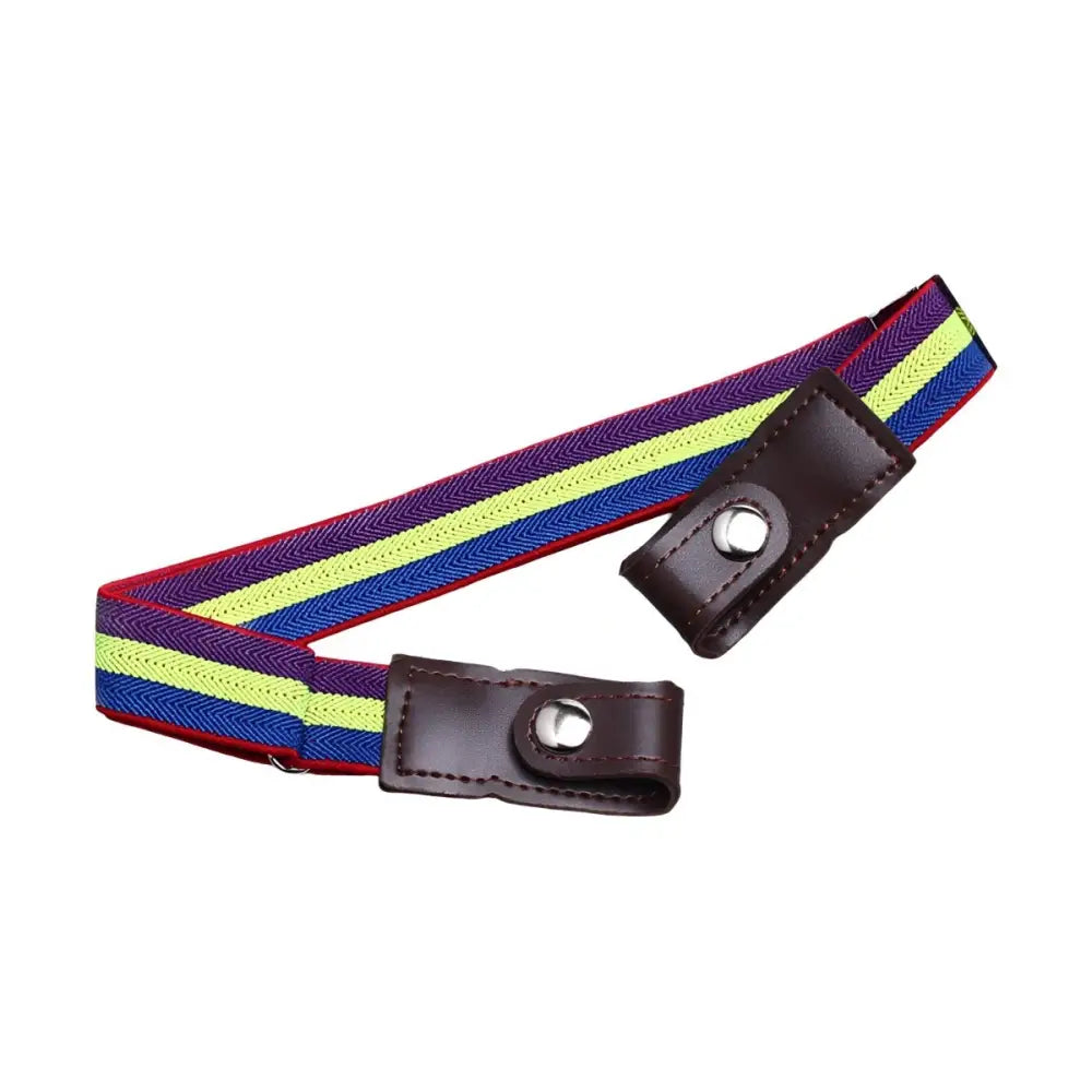Striped elastic belt with leather tabs paired with Khaki Pants and a Green Shirt Ensemble