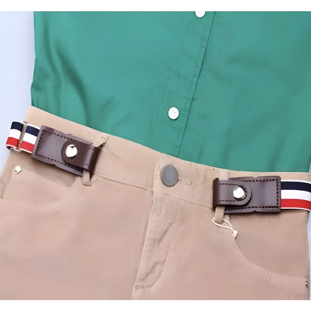 Tan pants with a green shirt and striped belt featured in the Khaki Pants with Striped Belt and Green Shirt Ensemble