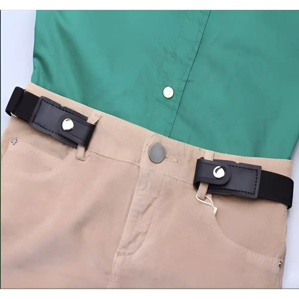 Tan pants with a black elastic belt from the Khaki Pants with Striped Belt and Green Shirt Ensemble