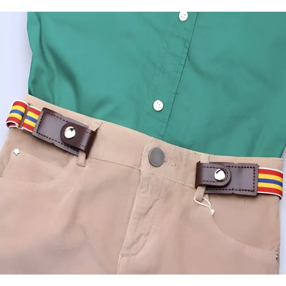 Tan pants with a button and colorful striped belt from Khaki Pants with Striped Belt and Green Shirt Ensemble