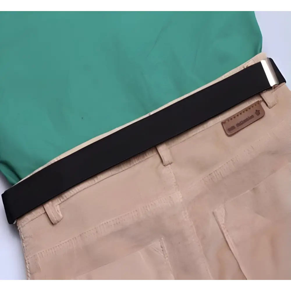 Tan trousers with black belt from Khaki Pants with Striped Belt and Green Shirt Ensemble