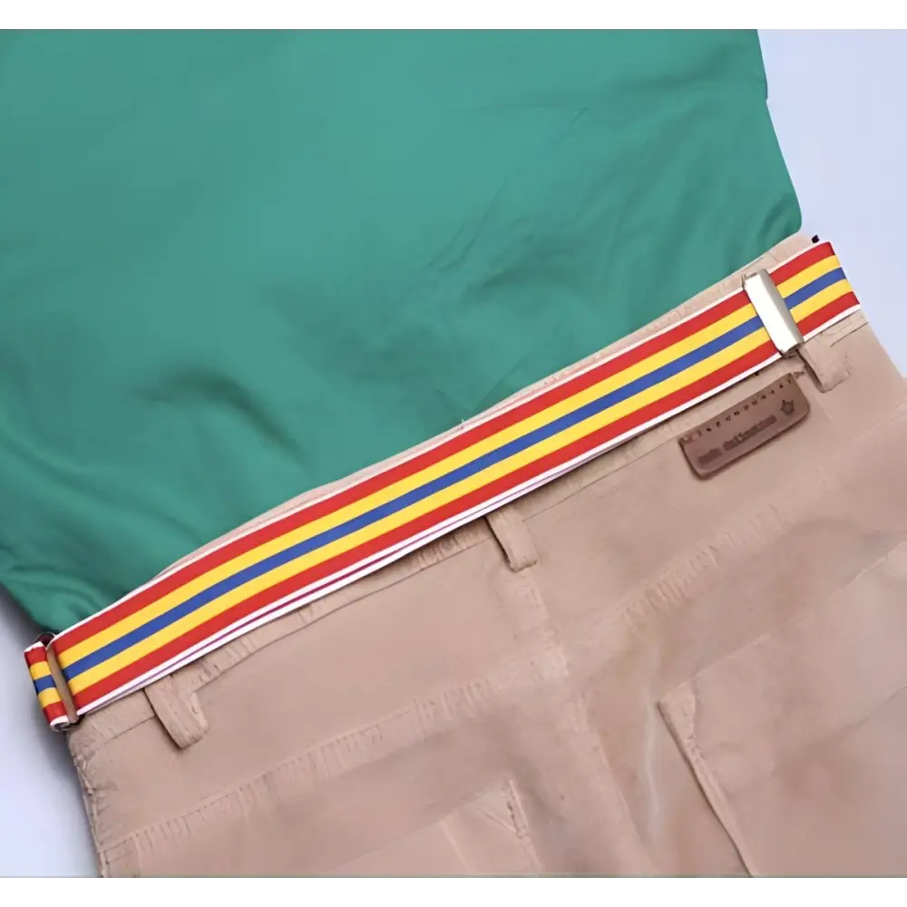 Khaki pants with striped belt part of ensemble featuring a green shirt