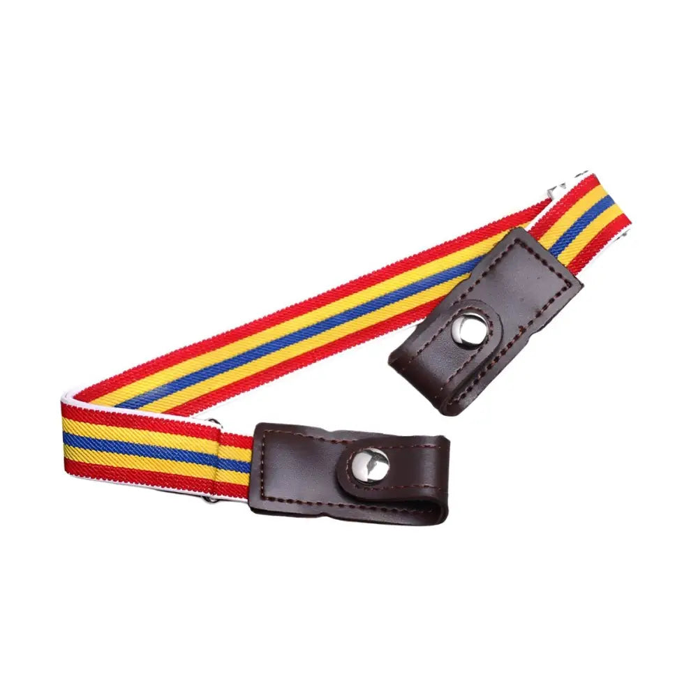 Striped elastic belt with leather ends complementing Khaki Pants and Green Shirt ensemble