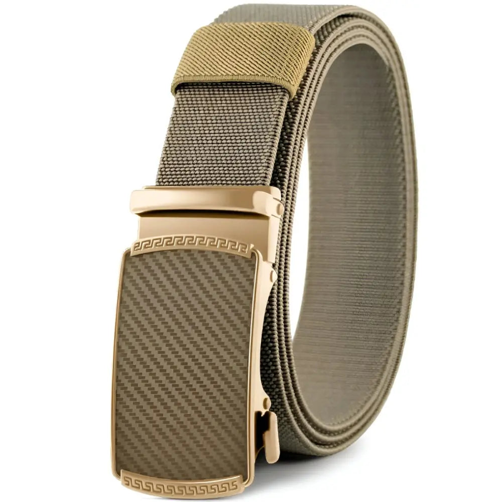 Khaki-colored ratchet belt displayed with Khaki Pants, featuring white and black belts