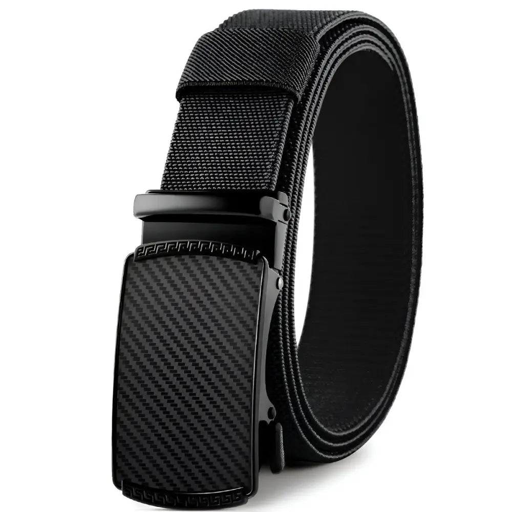 Black carbon fiber belt displayed with Khaki Pants with White and Black Belts