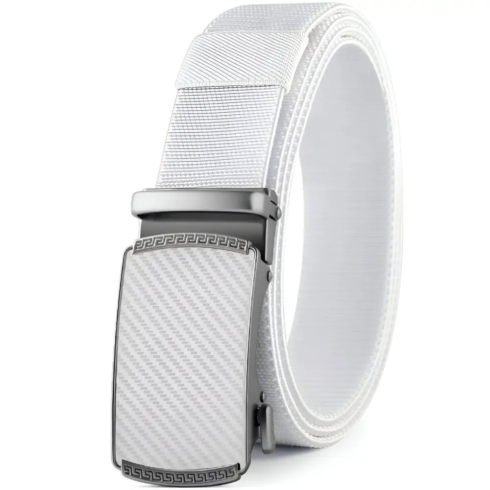 White ratchet belt paired with Khaki Pants featuring contrasting white and black belts