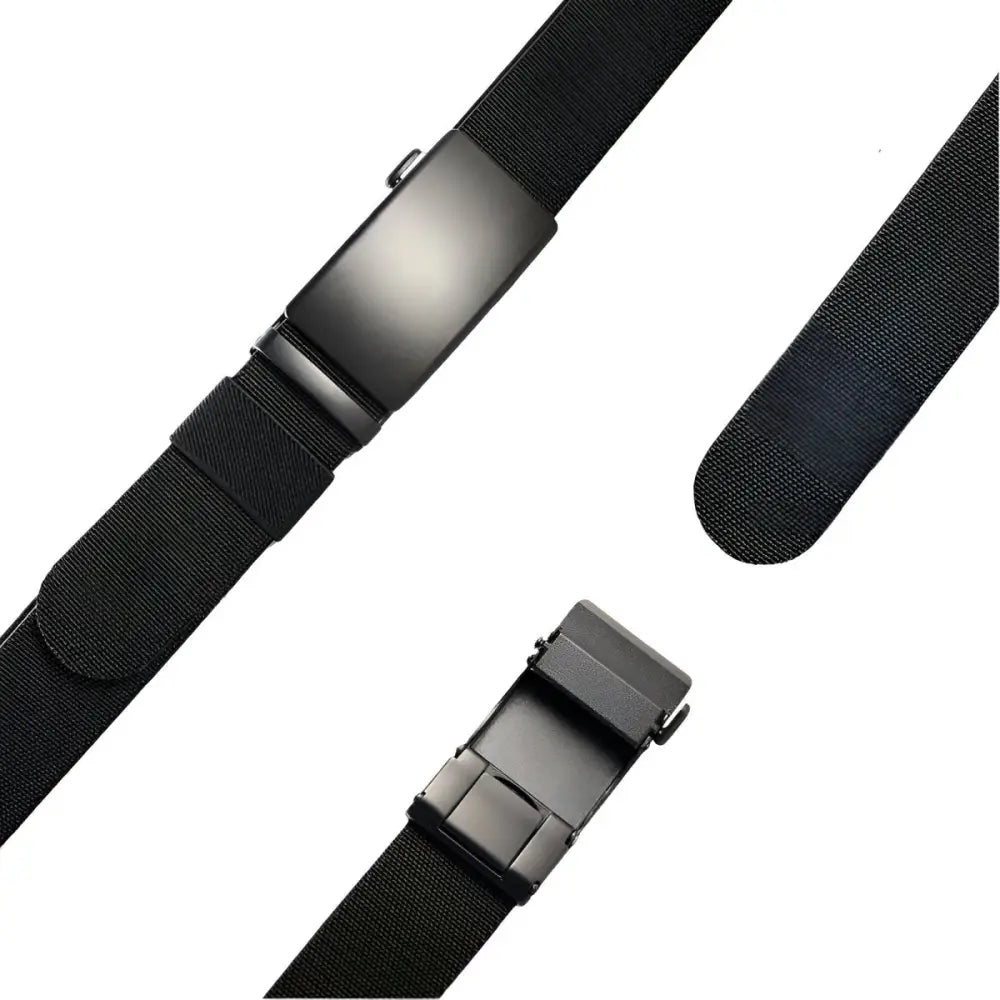 Black elastic belt with metal buckle displayed with Khaki Pants with White and Black Belts