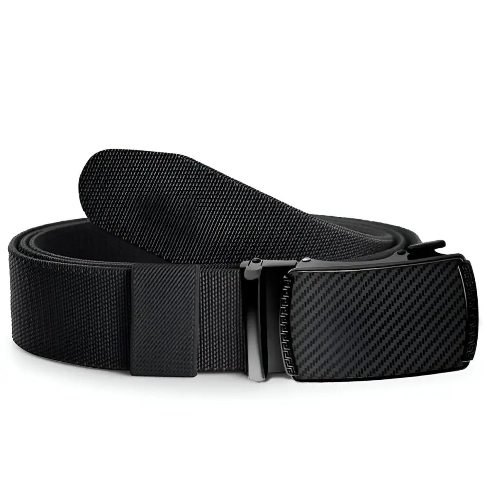 Black nylon belt with carbon fiber buckle paired with Khaki Pants featuring white and black belts