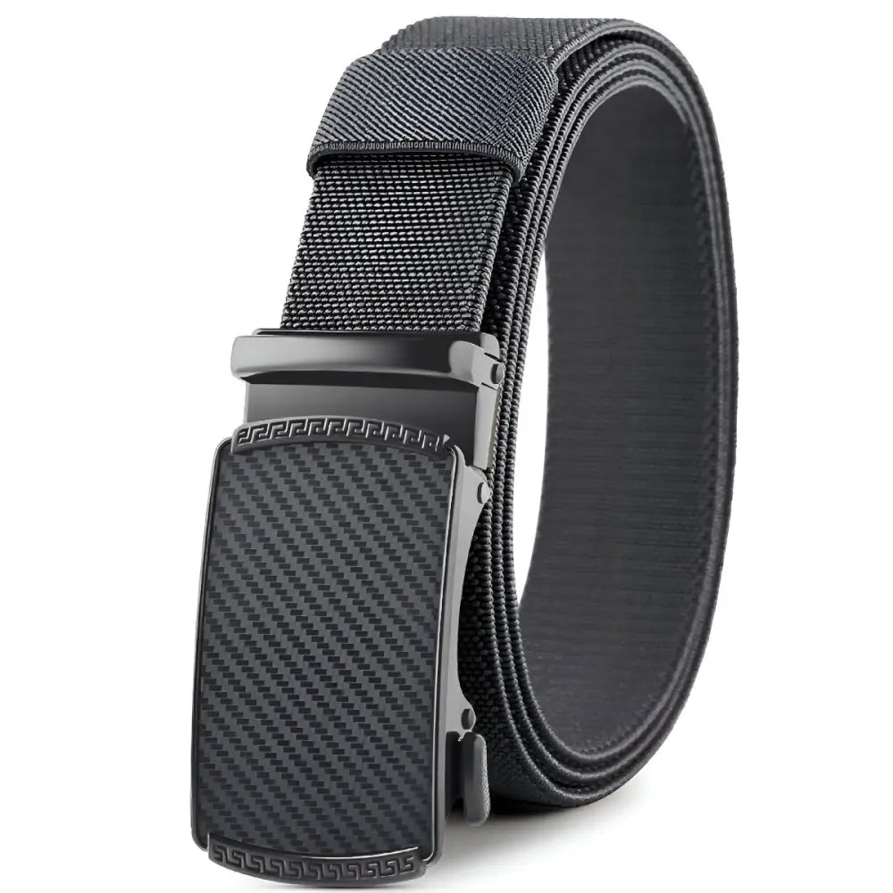 Black ratchet belt displayed alongside Khaki Pants with White and Black Belts product