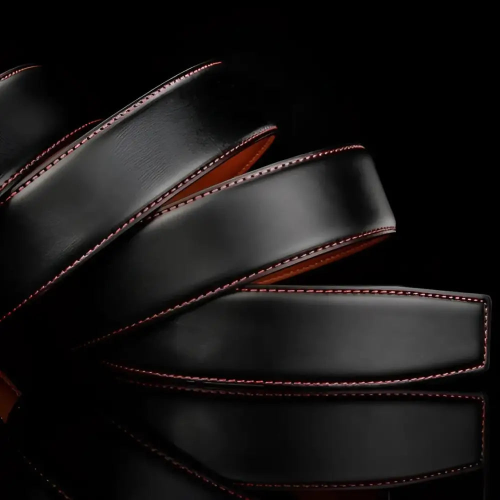Kristvar Men’s Leather Belt with Automatic Silver Buckle and Red Stitching