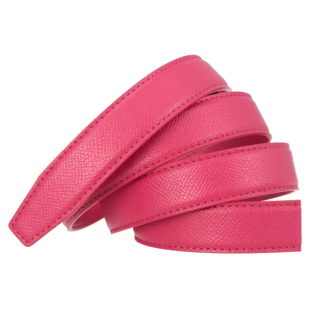 Coiled pink faux leather strap for fashionable wear displayed in the product image