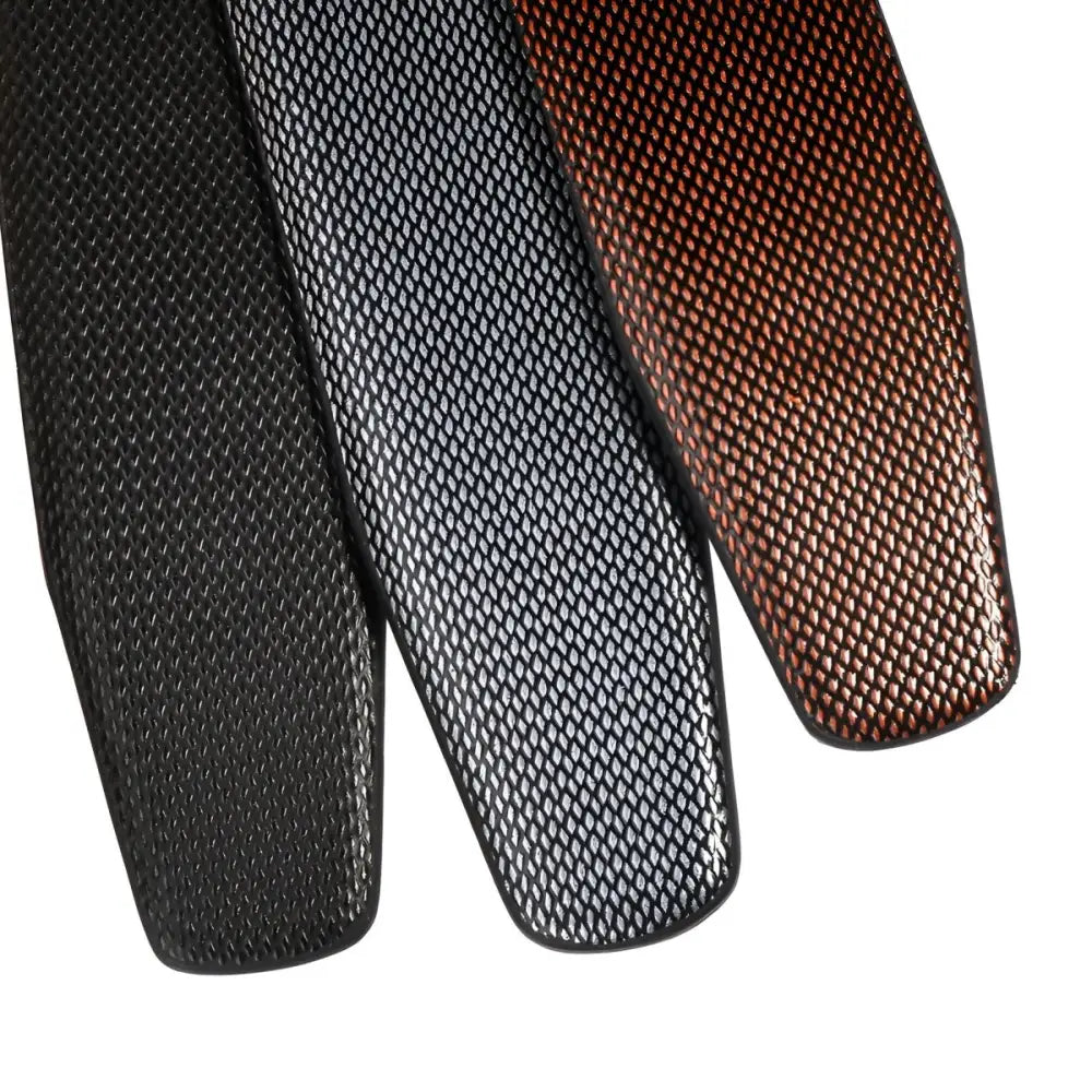 Textured colorful elongated leather strap with tang buckle on Coiled Black Leather Belt