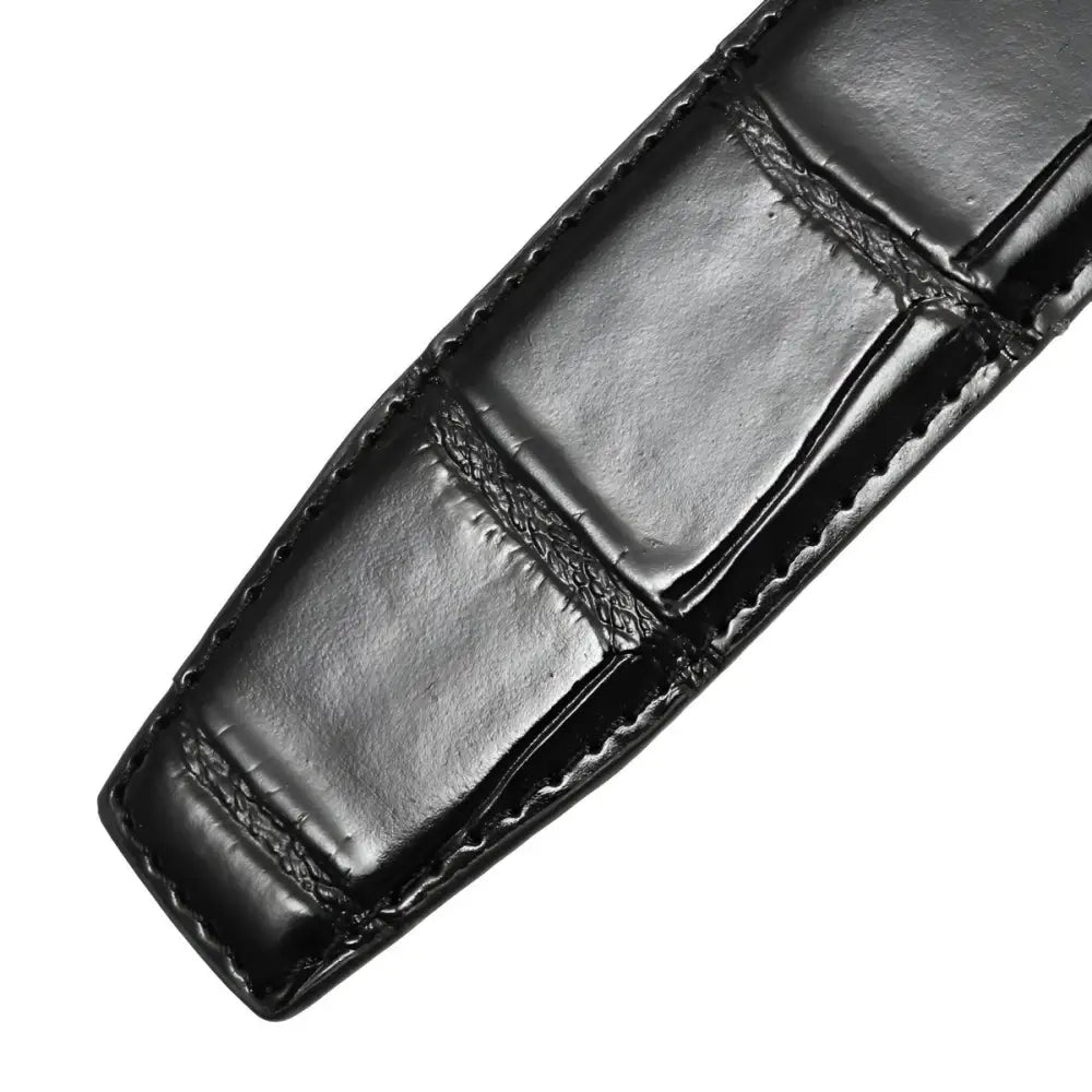 Black Crocodile-Patterned Colia Leather Belt end showing leather strap detail
