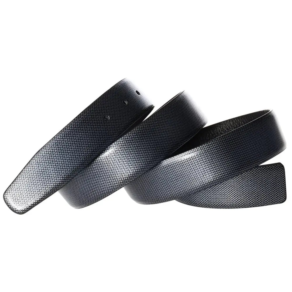 Coiled black leather strap belt with tang buckle and multiple straps for stylish wear