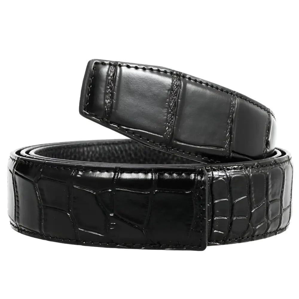 Black crocodile-patterned colia leather belt with durable leather strap for style and functionality