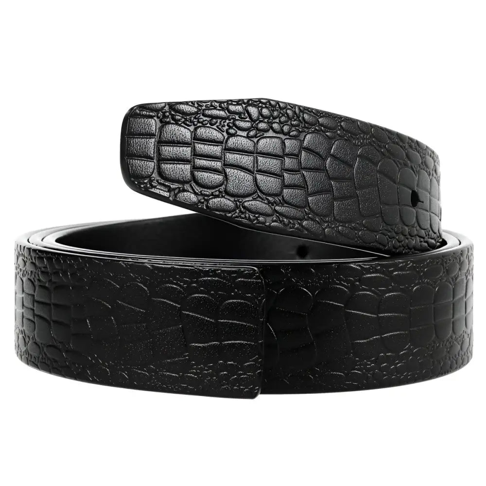 Black crocodile-patterned leather belt strap showcasing stylish and durable accessory design