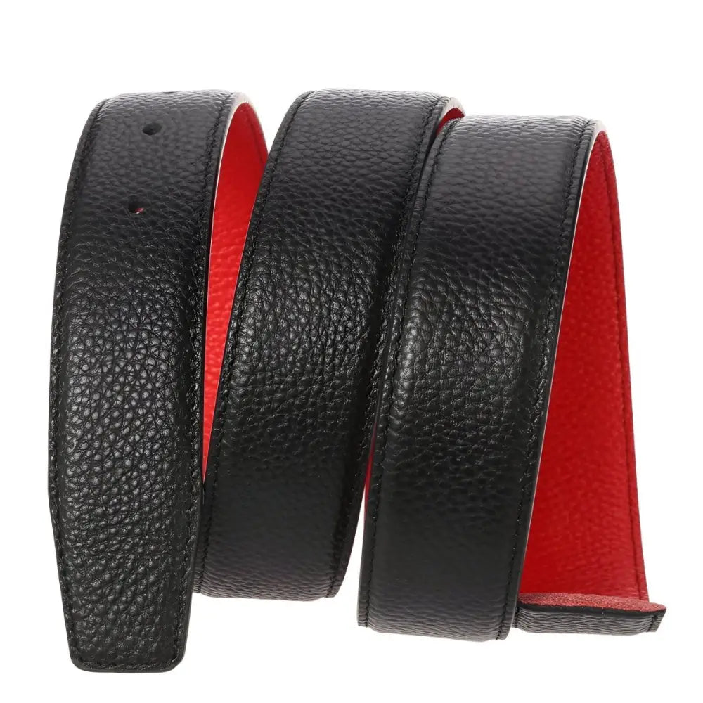 Black leather belt with red interior showcasing premium design and craftsmanship