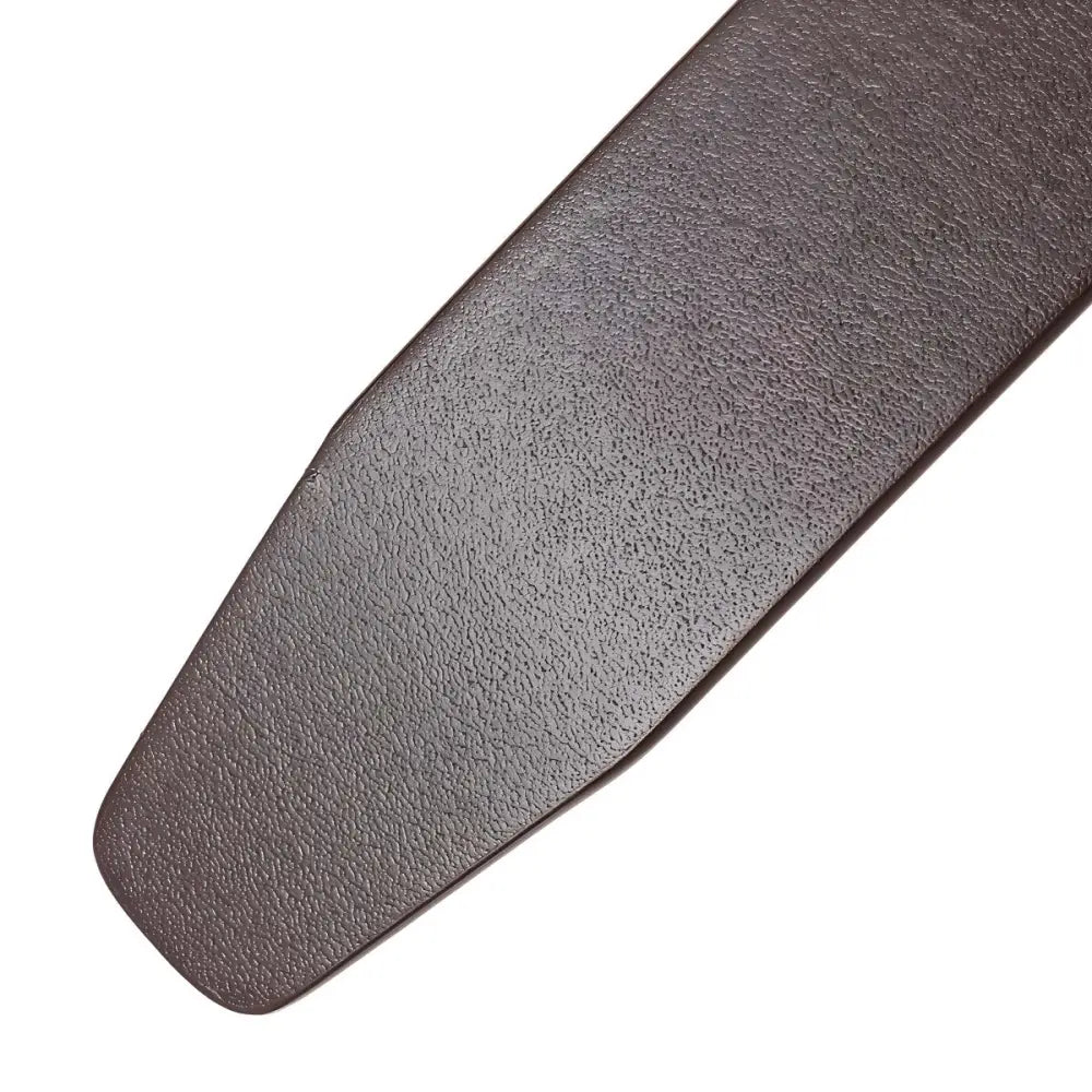 Brown leather belt end on the black leather belt strap with dual straps for a classic look