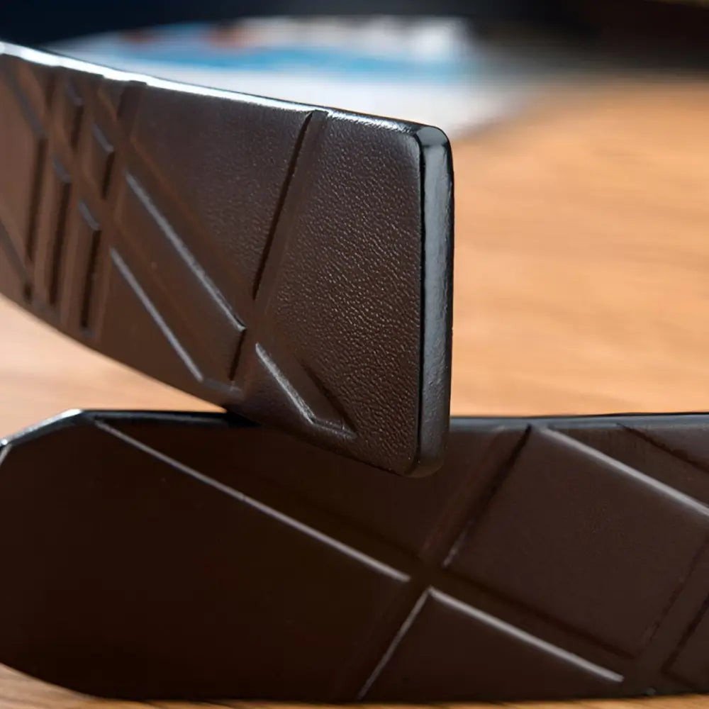 Brown textured chair backs shown alongside Black Leather Belt with Patterned Texture