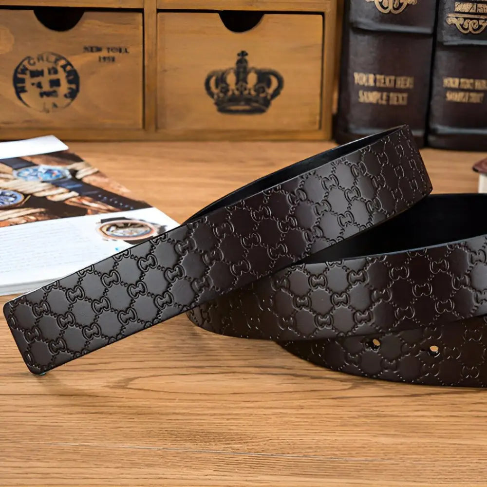 Myron Belt textured leather with patterned embossed design featuring dark brown color