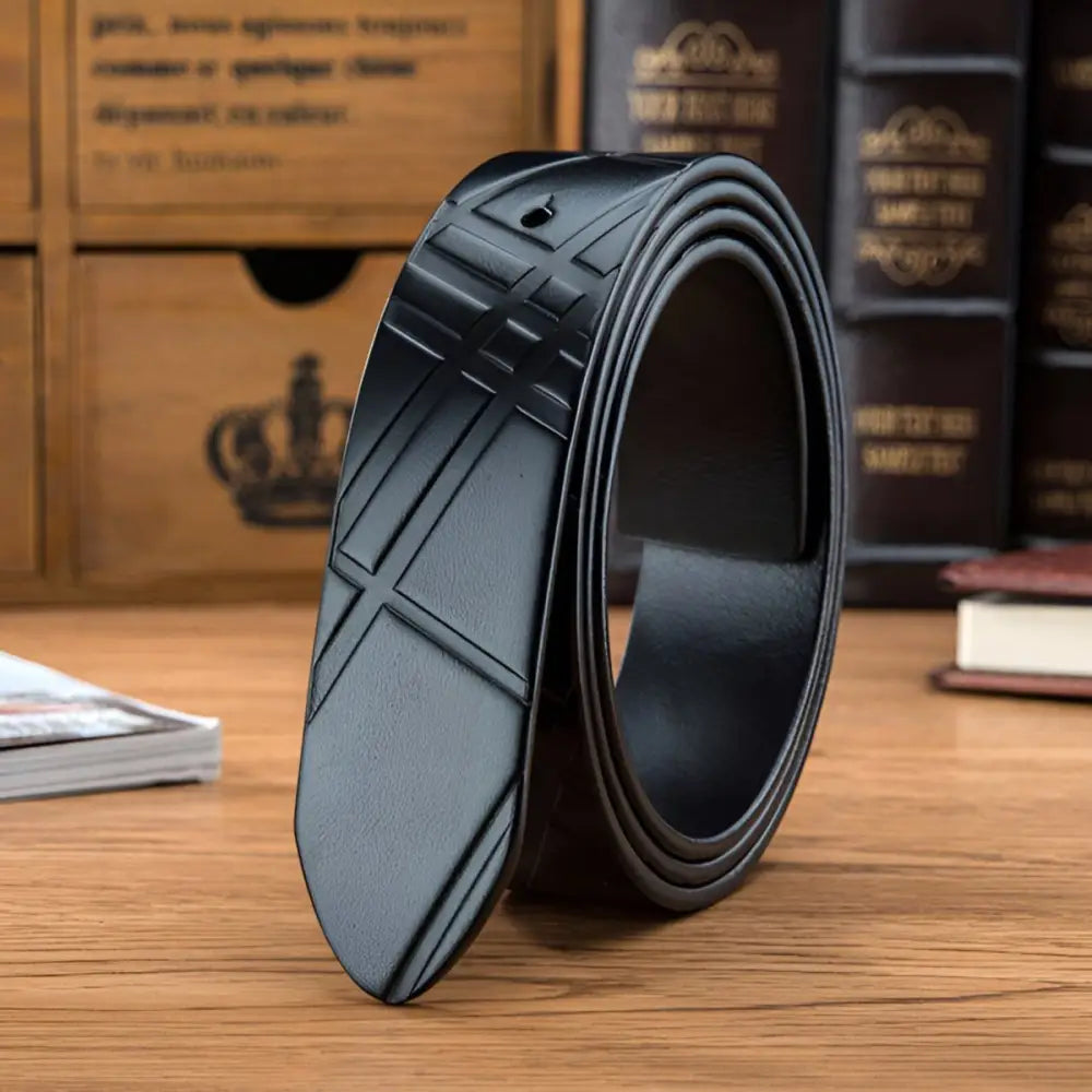 Black leather belt with patterned textured design suitable for stylish attire