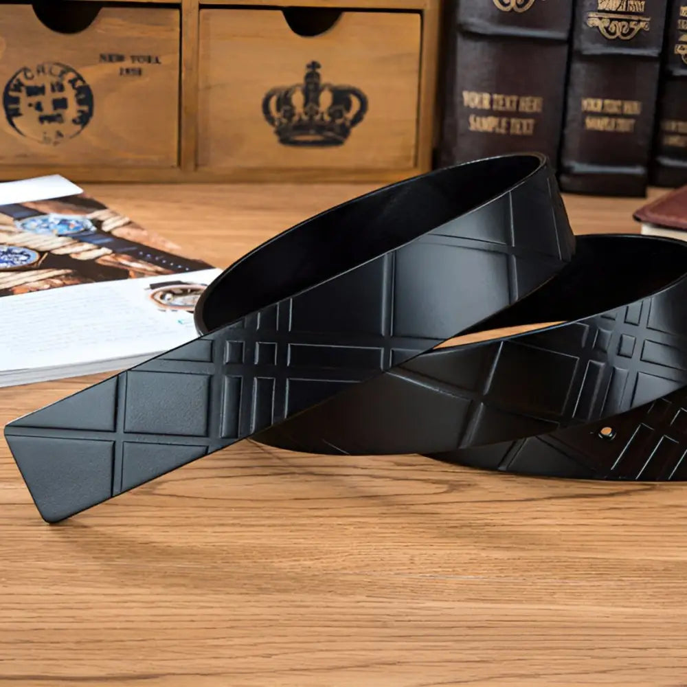 Black leather belt with square patterned texture for stylish wardrobe enhancement