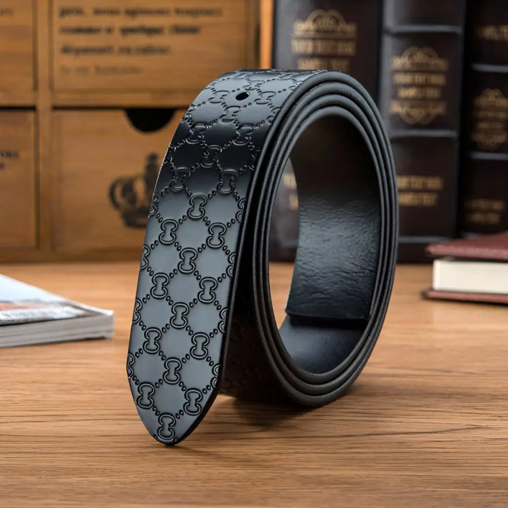 Myron Belt Textured Leather with Patterned Embossed Design featuring a black leather belt with repeating pattern
