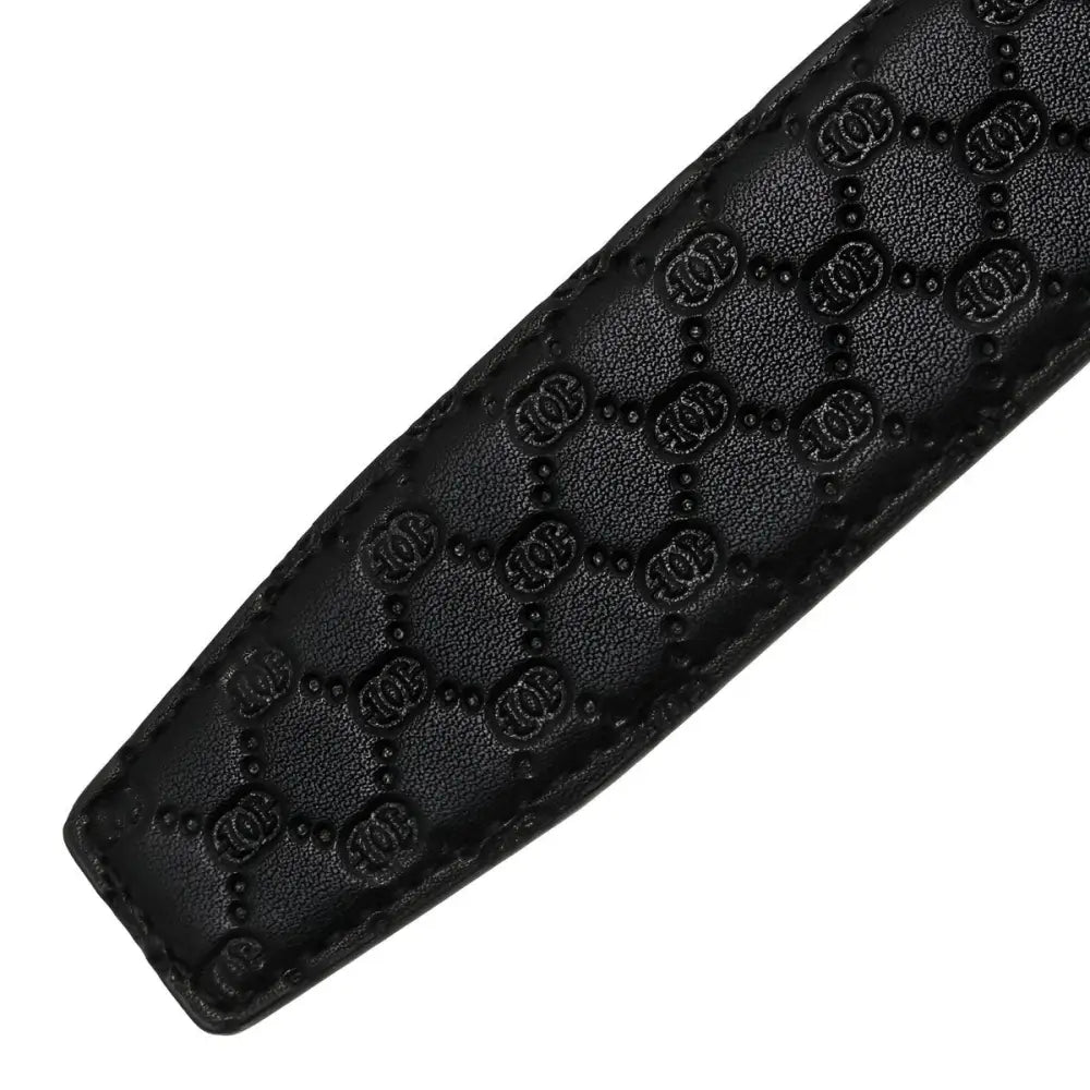 Black quilted leather belt with embossed patterned design for men and women