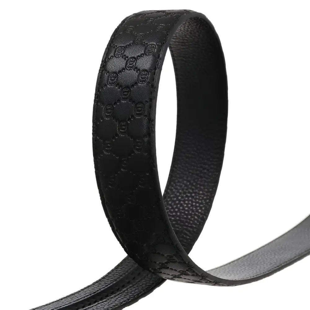 Black quilted leather belt with embossed pattern for men and women