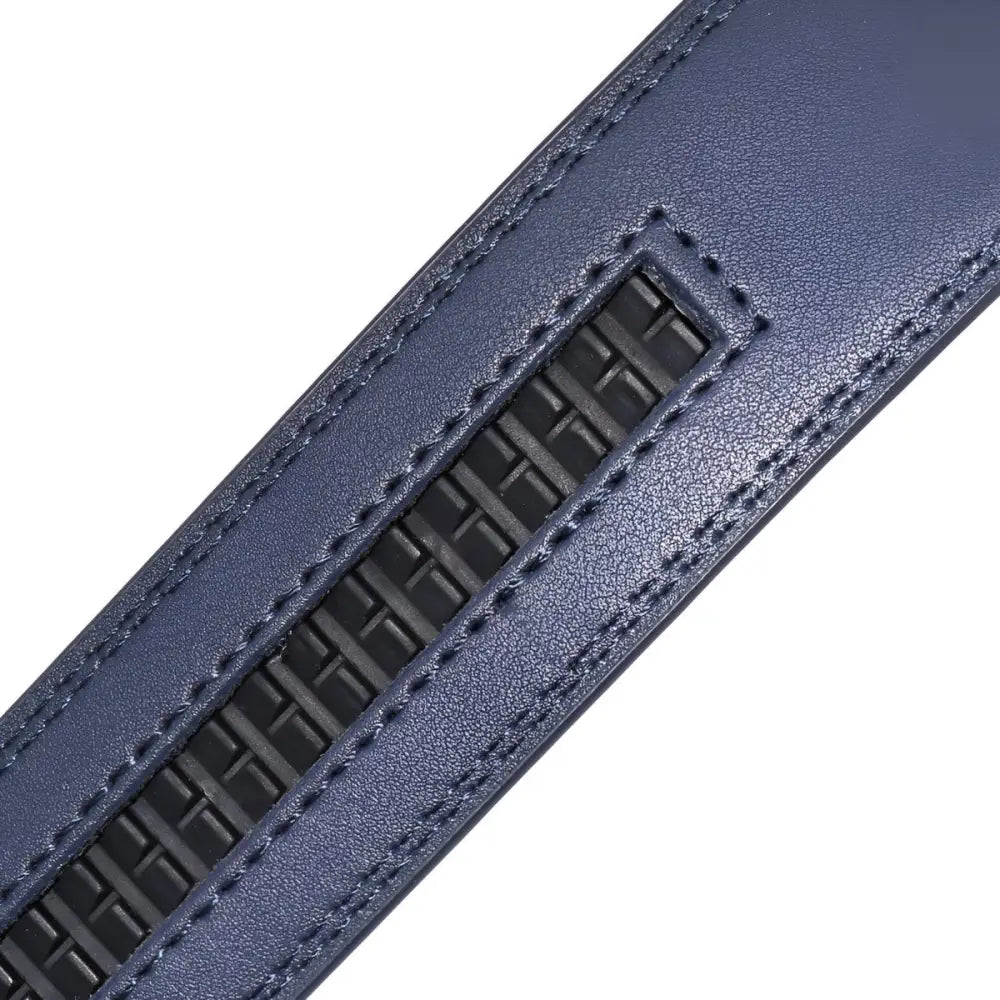 Blue leather belt strap with black ratchet mechanism for classic style leather belt