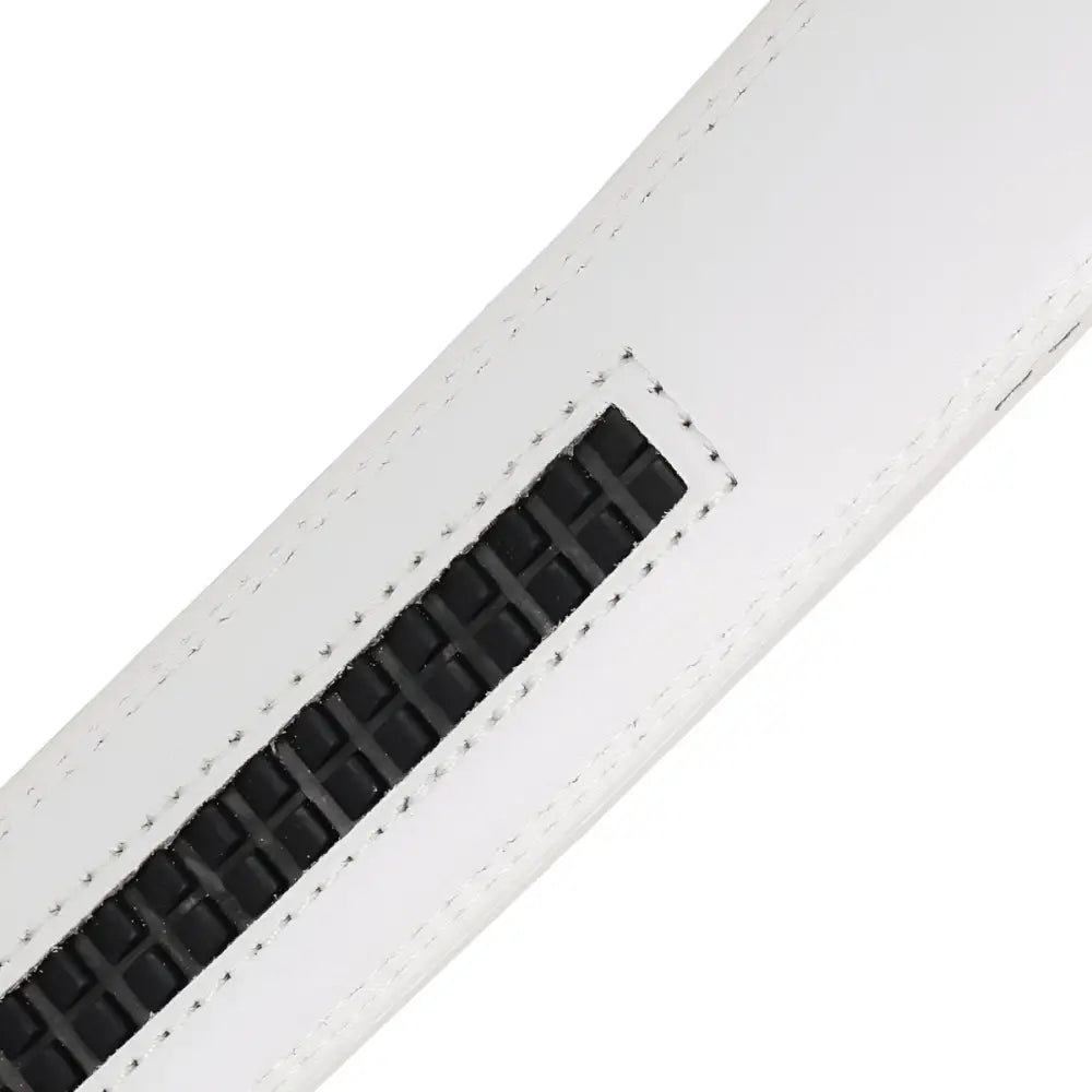White belt with black rubber grip on leather belt strap for classic style