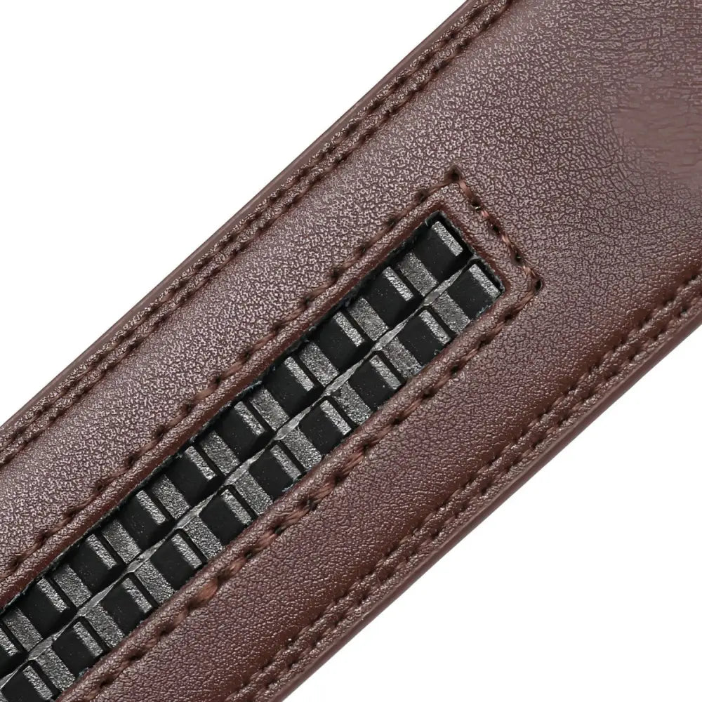 Brown leather belt with ratcheting mechanism and coiled leather belt strap for classic style