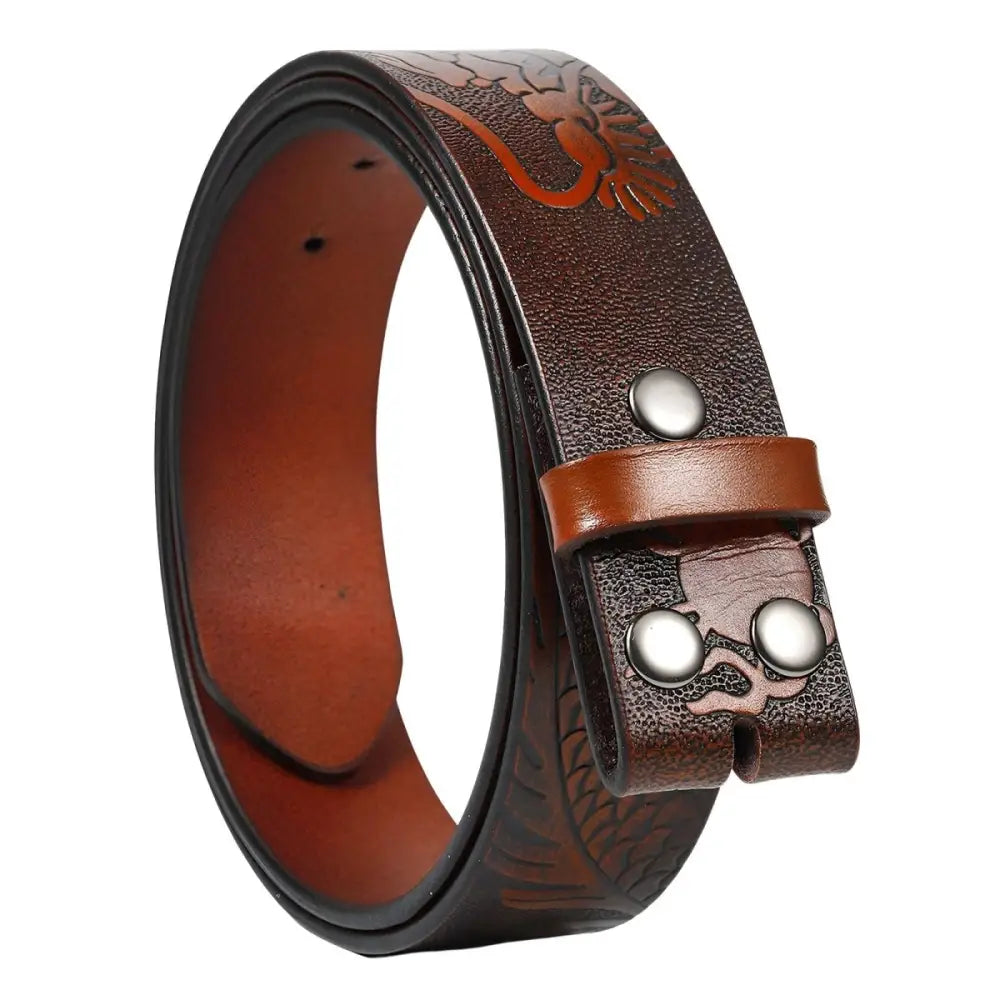 Brown leather belt strap with motif dragon for stylish accessory, no buckle included