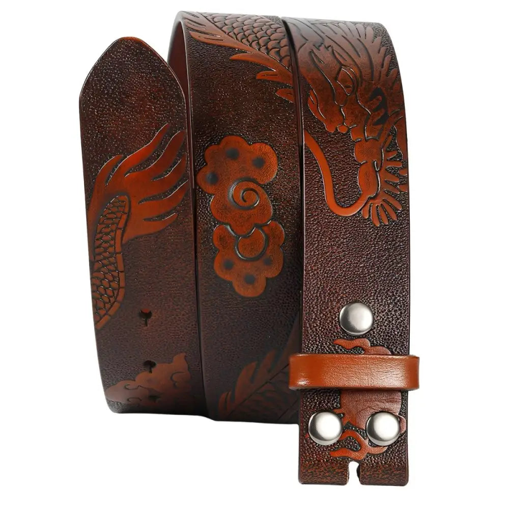 Brown leather belt strap featuring an intricate motif of a dragon for stylish accessories