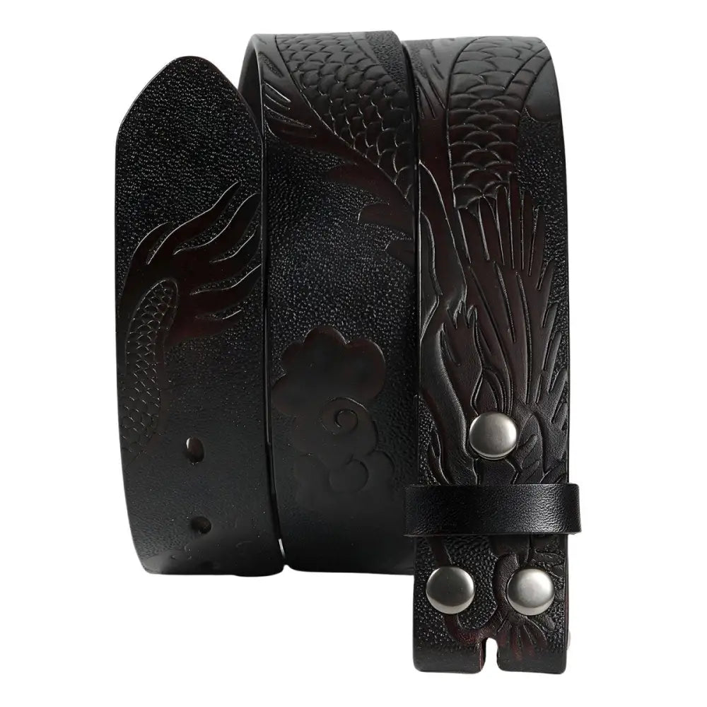 Black leather belt strap with intricate motif dragon for stylish accessory display