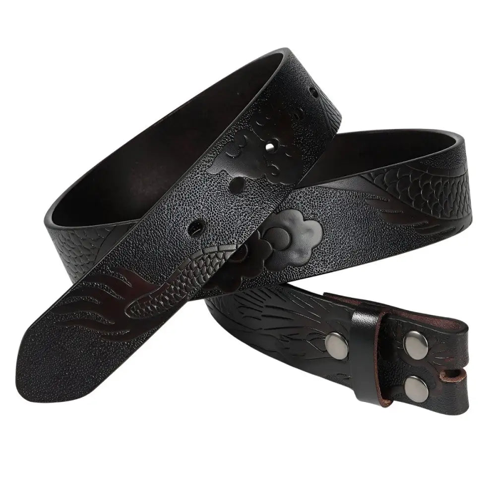 Black leather belt strap featuring an intricate motif dragon design for stylish accessories