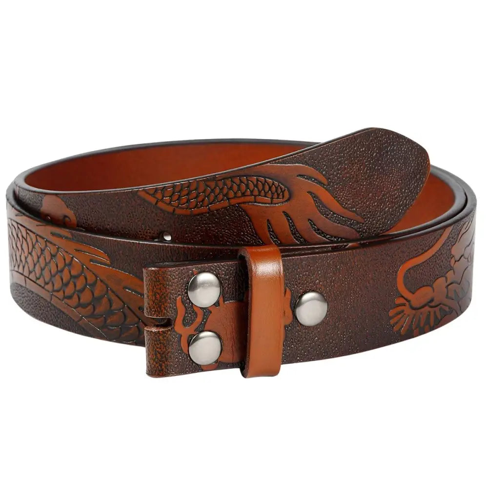 Brown leather belt strap featuring a motif dragon design for stylish accessories