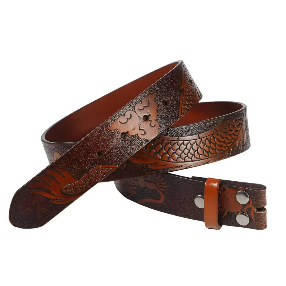Brown leather belt strap with intricate motif dragon design for stylish accessory