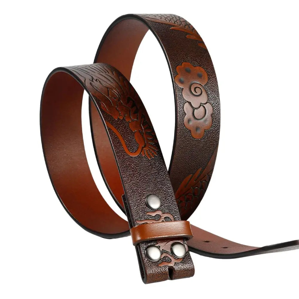 Brown leather belt strap with intricate motif dragon and cloud designs for stylish accessory