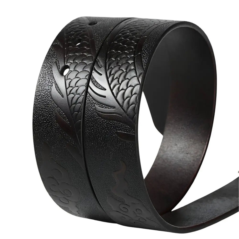 Black leather belt strap with embossed motif dragon from Brown Leather Belt with Dragon and Cloud Motif