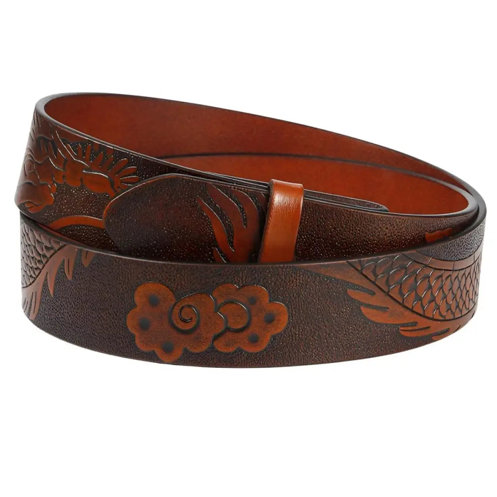 Brown leather belt strap featuring a motif dragon and cloud designs for stylish accessories