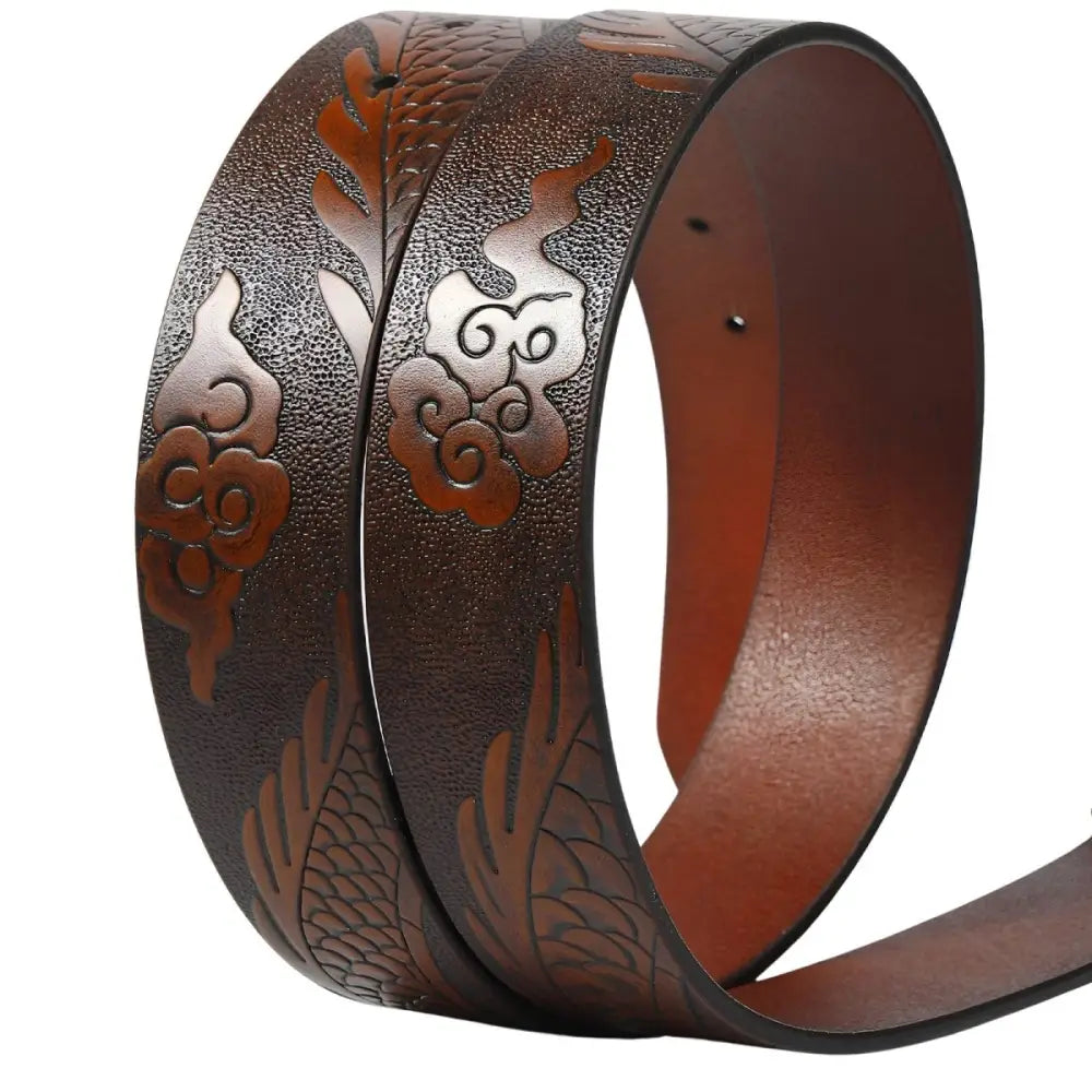 Brown leather belt strap with intricate motif dragon and cloud designs for stylish accessories