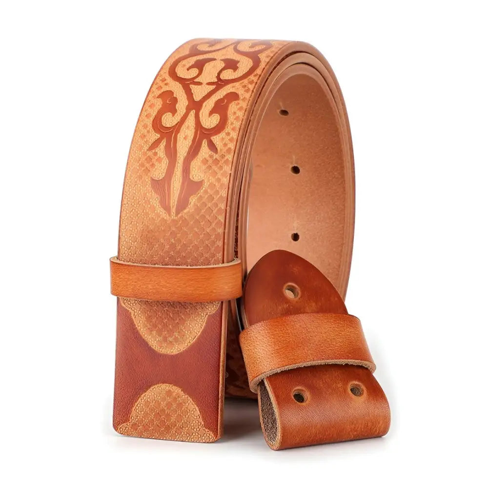 Embossed full-grain leather belt without buckle showcasing detailed craftsmanship