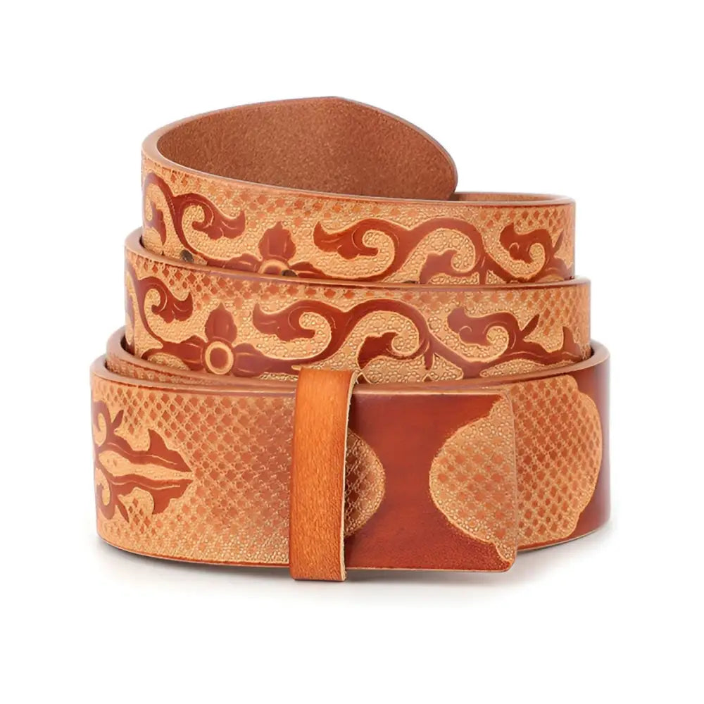 Embossed full-grain leather belt with decorative buckle for stylish men’s accessories