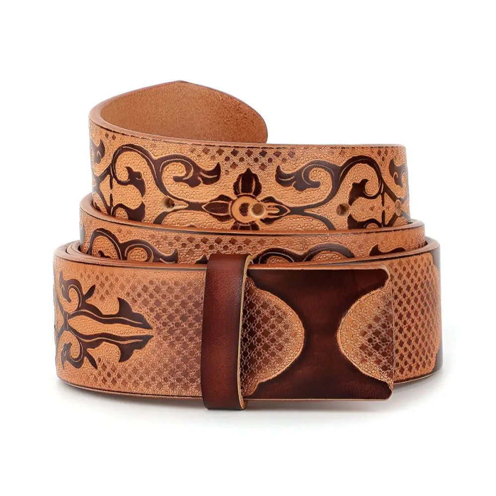 Embossed full-grain leather belt with decorative buckle displayed in the product